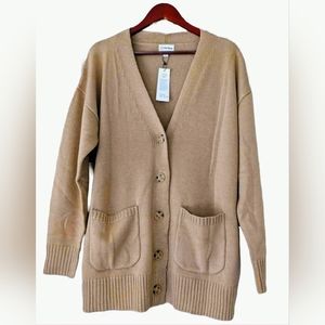 Womens Size L Cardigan Beige Oversized Boyfriend Button Sweater Brown Pockets